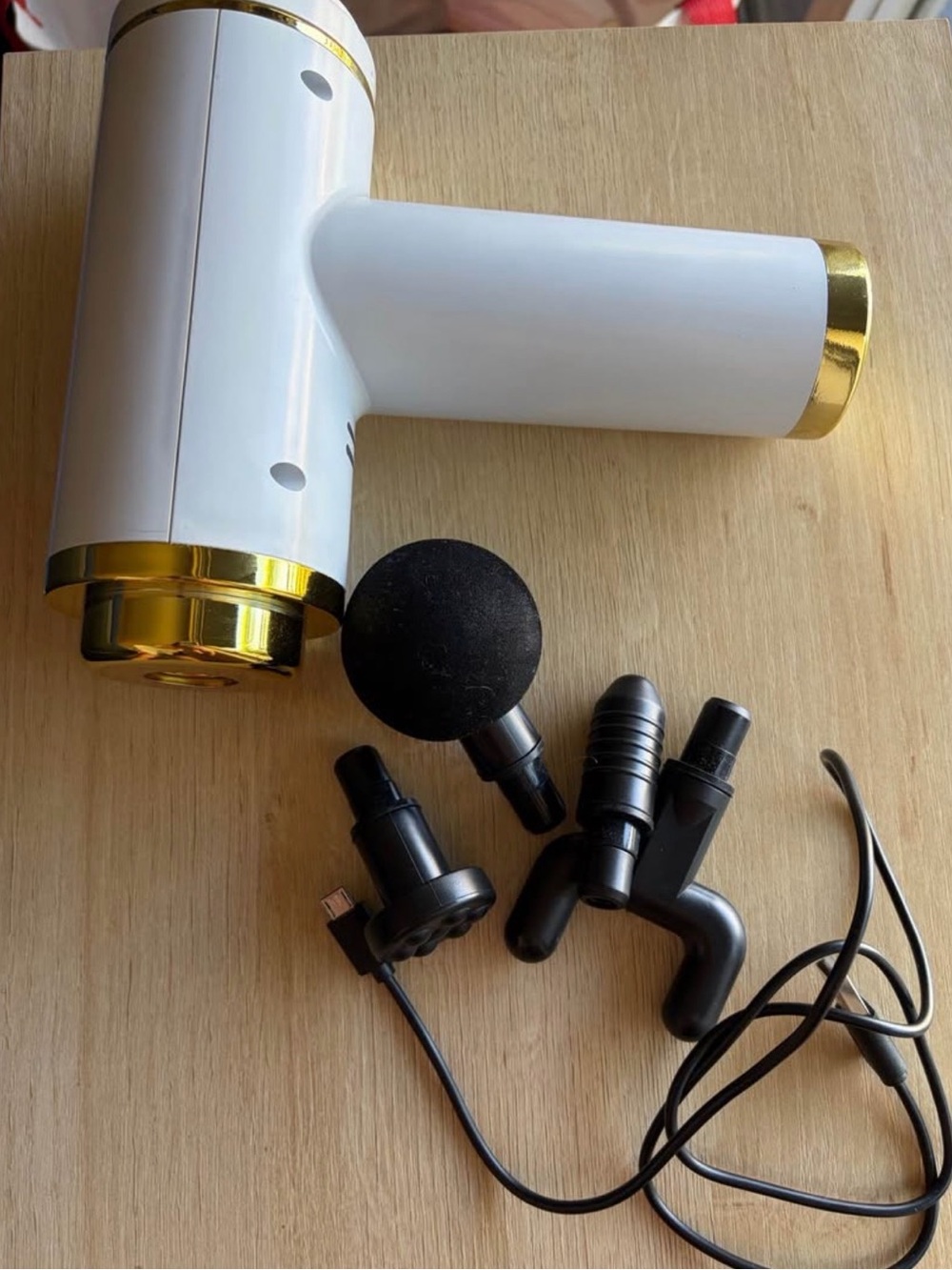 White & Gold Percussion Massage Gun with 5 Attachments